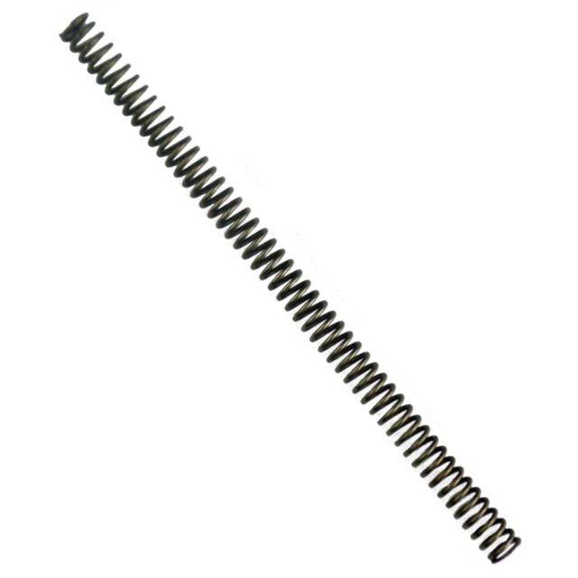 A long, coiled RECOIL SPRING KADET is positioned diagonally against a white background. It appears tightly wound with a metallic sheen that highlights its uniform texture.