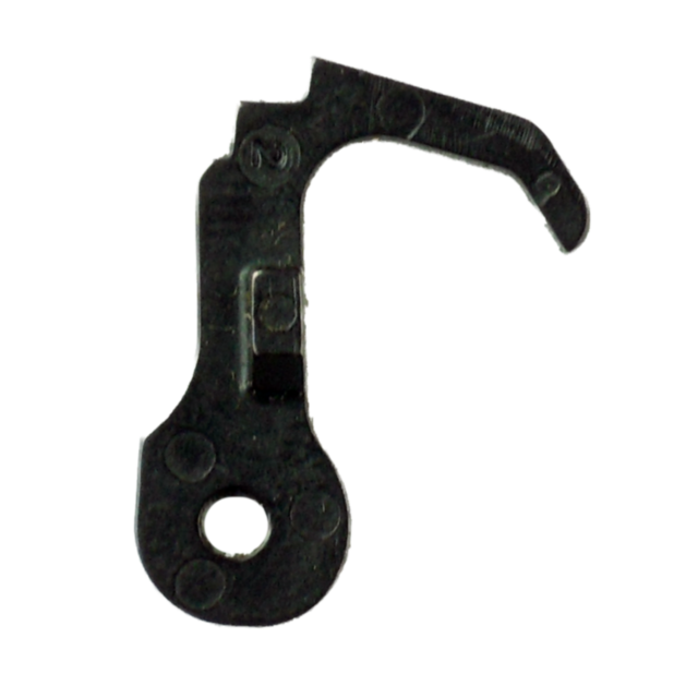 The OMEGA DISCONNECTOR latch features a hook shape, a rounded base with two small circular indentations, and a hole. Its textured surface shows slight rusting, hinting at its history of wear and use.