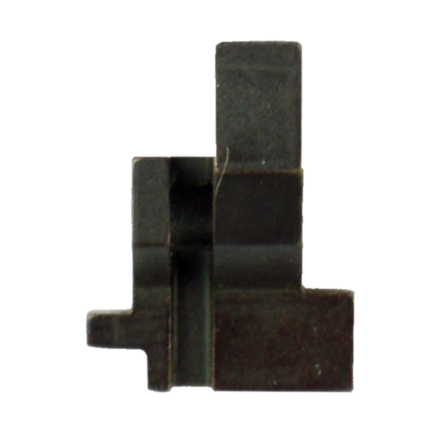 Close-up of a diminutive, dark, L-shaped metal component, featuring three distinct rectangular prongs. The worn surface exudes the storied SEAR OMEGA heritage, with subtle scratches and contrasting hues of rust and discoloration. Set against a white backg