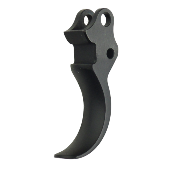 Close-up view of a black, curved metal hook with two holes at the top for attachment, reminiscent of the sleek design of the TRIGGER OMEGA. The hook features a smooth, slightly tapered shape.