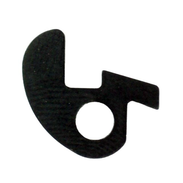 The FIRING PIN BLOCK LEVER OMEGA is a black, abstract, curved shape reminiscent of an omega symbol with a circular hole near the bottom. It features a flat edge on one side and a protruding section on the upper right against a transparent background.