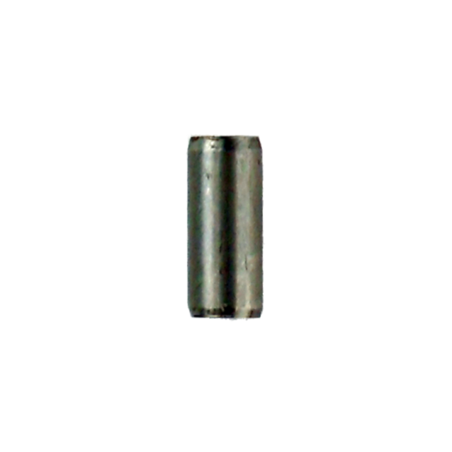 The sentence can be rewritten as: A close-up of the MAGAZINE CATCH PIN OMEGA, a small, cylindrical metallic object with a smooth surface. This precise pin-like component appears to be part of a machine or tool. It is grey and exhibits subtle reflections,