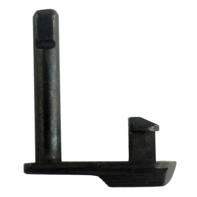 Close-up of a black SLIDE STOP CZ 97B metal bracket. It features a narrow vertical post and a thicker horizontal base with an angled upward protrusion, all set against a clean white background.