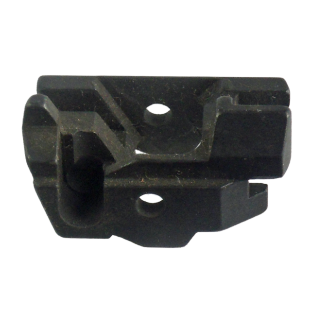 Close-up image of an EJECTOR CZ 97 #4 mechanical part in black, featuring multiple geometric shapes, grooves, and two holes. The material resembles metal or high-density plastic.