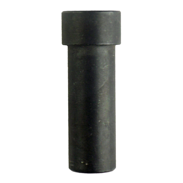 The RECOIL SPRING HOUSING CZ 97, a cylindrical component crafted from black metal or plastic, showcases a sleek design with a slightly wider top section. Its smooth, matte surface stands upright against a plain white background.