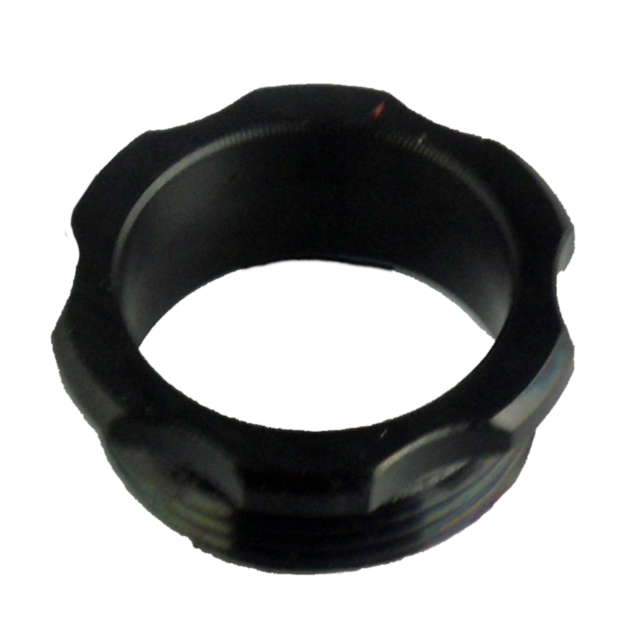 The product resembles a black, circular metal nut featuring evenly spaced, curved grip ridges along its outer edge, akin to the meticulous design of the BARREL BUSHING CZ 97. It is showcased against a simple, dark background.