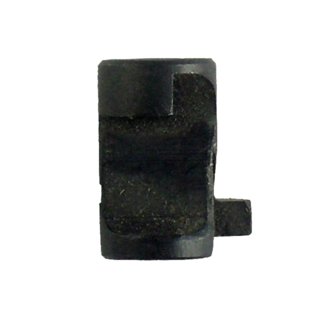 Close-up of a small, dark, cylindrical metal piece identified as the FIRING PIN BLOCK STOP 97, featuring a notch and a small protrusion on one side. The object has a slightly worn surface, suggesting signs of use.