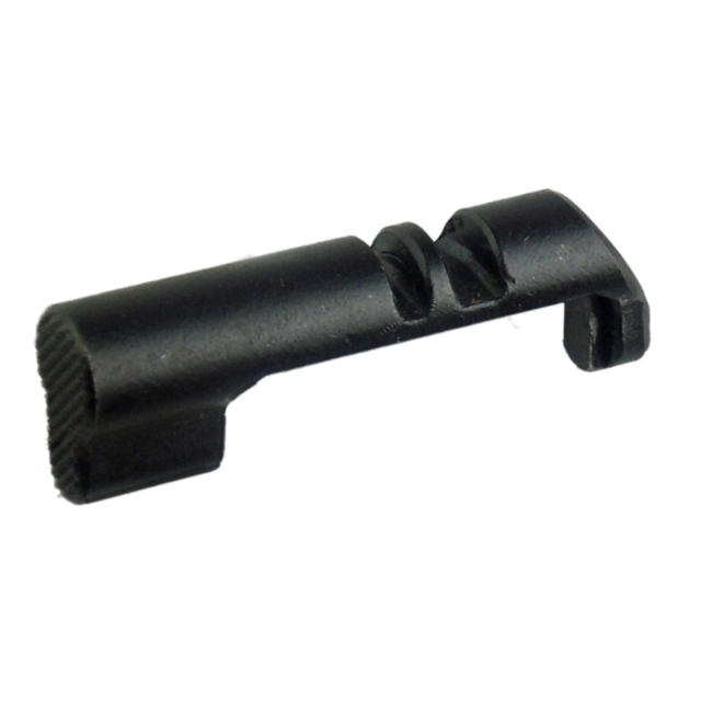 A compact MAGAZINE CATCH TAC SPORT/IPSC, featuring a black metal lever with a textured grip on one end and two grooves along its cylindrical body, isolated on a white background.