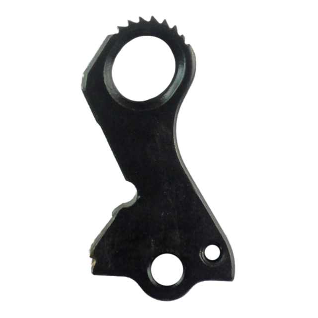 A black metal bike derailleur hanger, designed with a loop at the top and two holes at the bottom. This hanger, boasting a textured edge and an irregular shape, is perfect for securely mounting the derailleur on bicycle frames—ideal for fans of the HAMMER