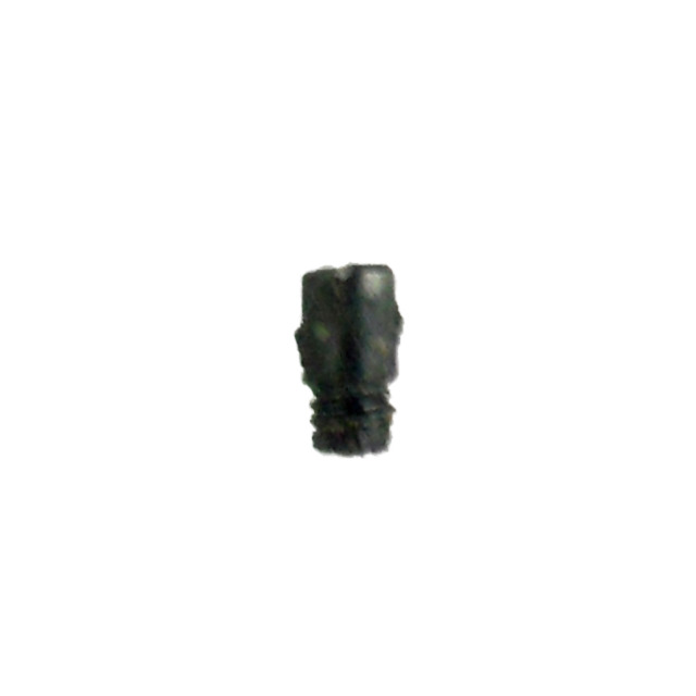 The image presents the MAIN SPRING PLUG PIN TAC SPORT/IPSC, a small, dark object that bears a likeness to a threaded bolt or screw, potentially integral to a mechanism such as a spring. Its surface looks rough and worn with an irregular shape, centrally p