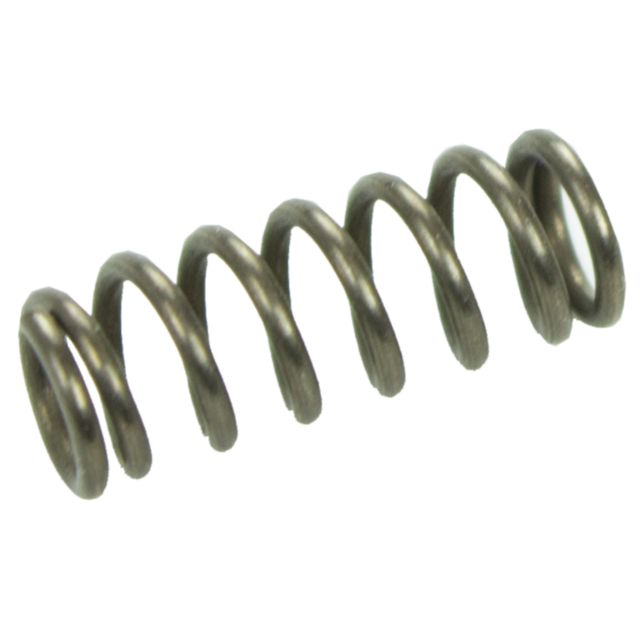 A close-up of the EXTRACTOR SPRING P-10 on a white background highlights its tightly wound metal coil, suggesting its integral role in an extractor with its distinctive spiral structure.