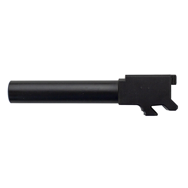 Image of the CZ P-10 C Barrel 9mm, displayed from the side on a plain white background. The smooth, cylindrical shape features a rectangular section at one end with distinct cutouts and grooves.