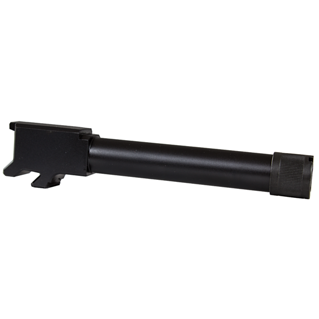 The CZ P-10 C Threaded Barrel 9mm SR, a black metal component, is designed for the CZ P-10 C with its 9mm caliber. It features a threaded end and blocky attachment point, creating a striking contrast against the stark white background with its cylindrical