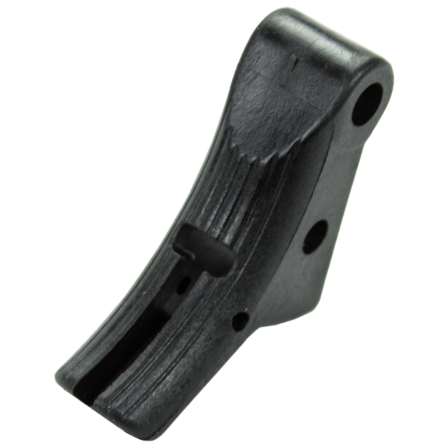 The sleek black gadget, crafted from curved plastic, mirrors the design of the TRIGGER P-10 model. It boasts a distinctive ridged texture and holes along its sides, indicating it may serve as an essential component or tool part.