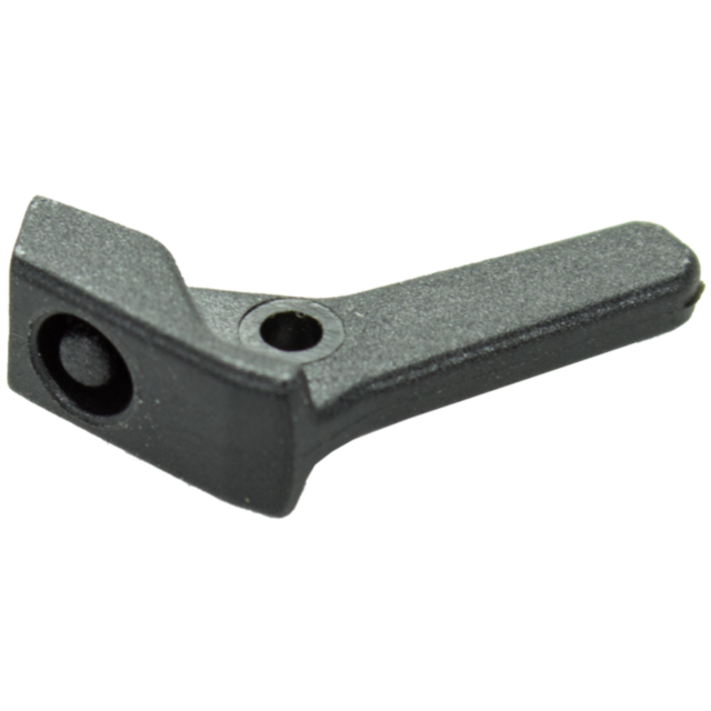 A black metal lever with a flat base, highlighted by TRIGGER SAFETY P-10 technology and a round hole at one end, displayed against a plain white background.