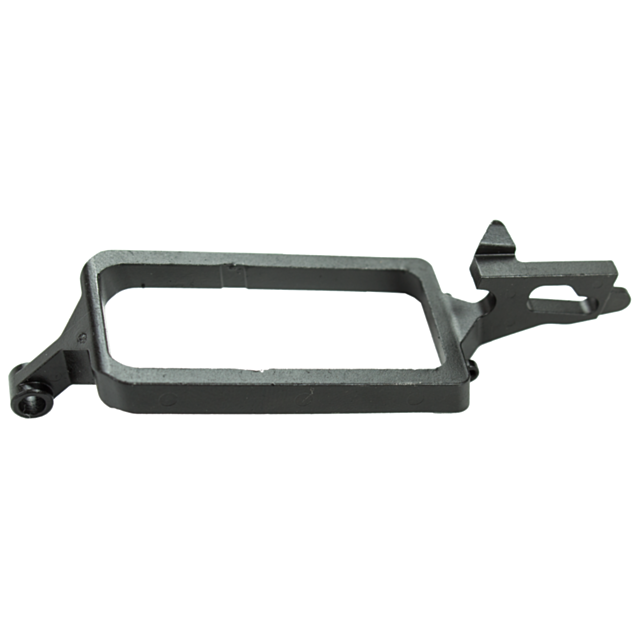 The TRIGGER BAR P-10 is a black metal bracket featuring a rectangular cutout and multiple attachment points, making it perfect for mounting or securing components in the P-10 series.