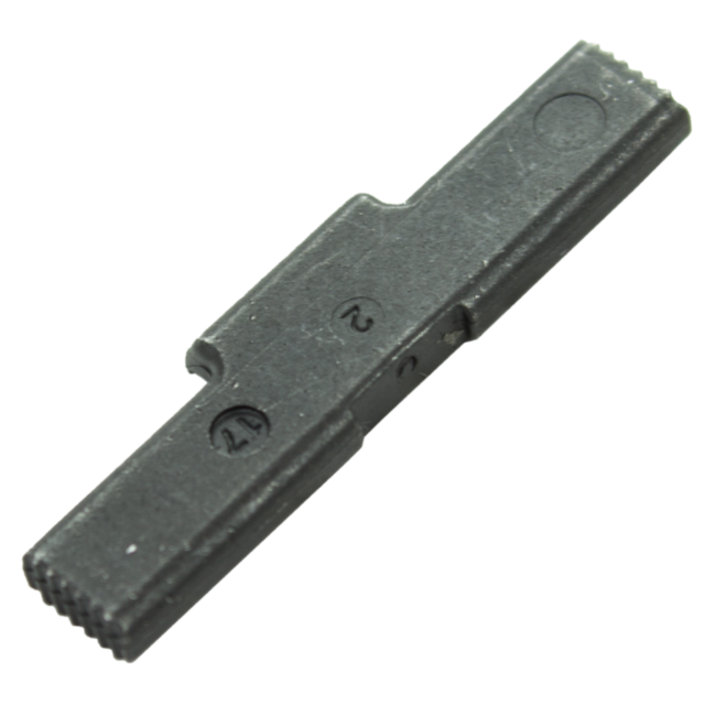 Close-up of a dark gray, rectangular DISASSEMBLY PLATE P-10 gear strip made of metal or plastic, featuring small teeth on one side. The numbers "12" and "13" are embossed on its surface. Set against a white background, the plate's distinct characteristics