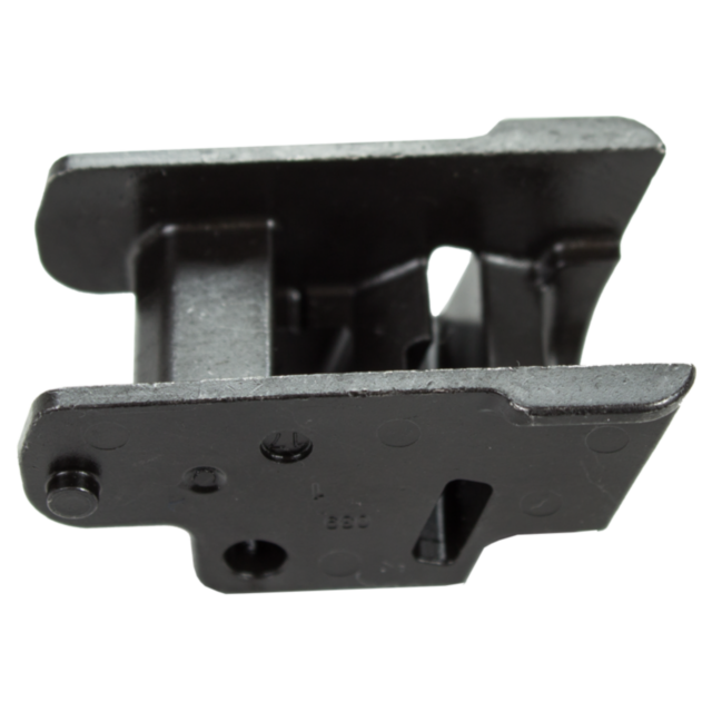 A black, angular metal component with various cutouts and a textured surface, viewed from an angle, showcases its intricate design. This FRONT INSERT P-10C/P-10F is crafted for durability and precision.