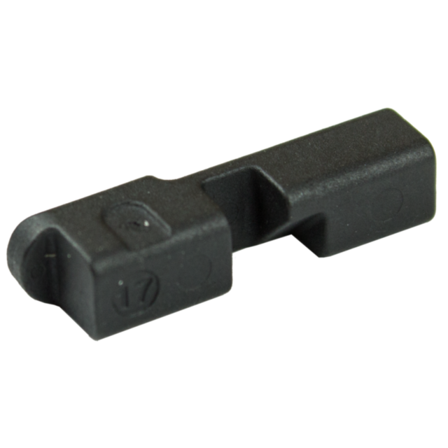 A TRIGGER BAR DISCONNECTOR P-10, made of black plastic and rectangular in shape with a notched cutout in the middle, is positioned on a white background. The piece has small embossed markings, including the number "17.