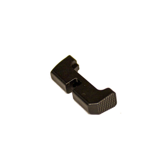 The REVERSIBLE MAGAZINE CATCH P-10C, a black metal lever with a textured surface, is likely designed as part of the P-10C system or serves as a reversible magazine catch.