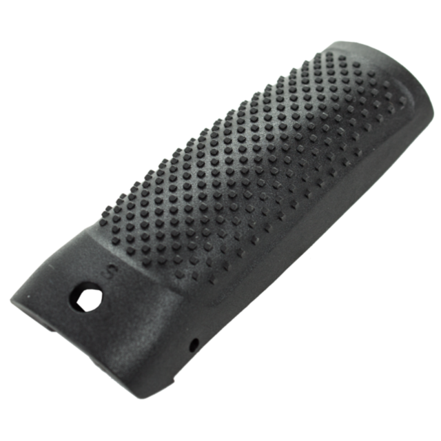 Close-up of the BACKSTRAP P-10C SMALL, featuring a black, textured, rubber grip handle with small raised bumps. The backstrap includes two holes near one end for attachment. Its slightly curved design ensures ergonomic handling, making it perfect for enha