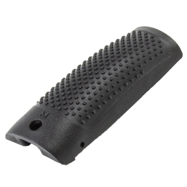 The BACKSTRAP P-10C MEDIUM offers a textured black grip with small protruding bumps for secure handling. It showcases a cylindrical shape with a slight curve and includes a mounting hole, designed specifically for the P-10C as an ideal medium backstrap op