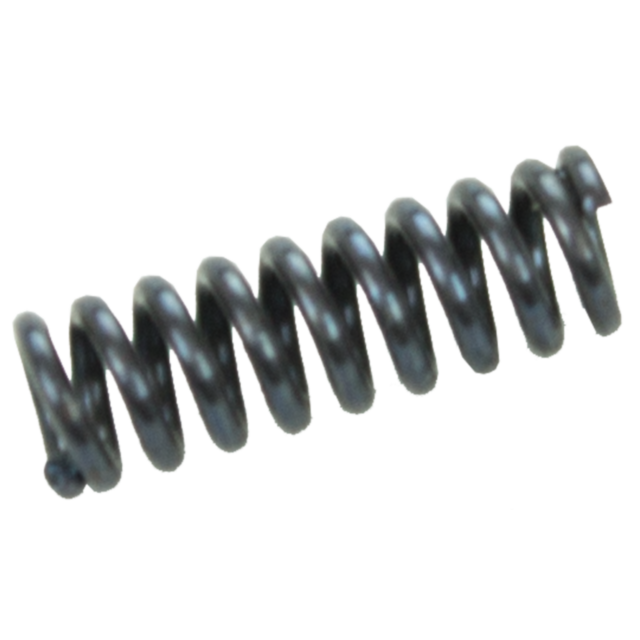 A close-up of a metal coil compression spring, reminiscent of the resilient DISASSEMBLY PLATE SPRING P-10, on a white background. The spring showcases tightly wound loops and appears both robust and slightly shiny.