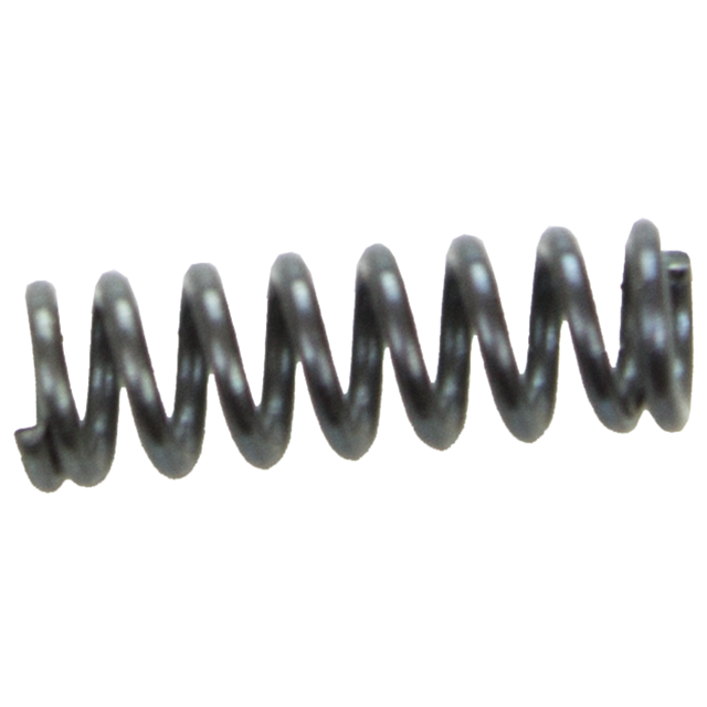 A close-up of the MAGAZINE CATCH SPRING P-10 reveals its shiny, metallic finish. Coiled into a tight spiral shape, the spring appears in good condition against a plain white background.