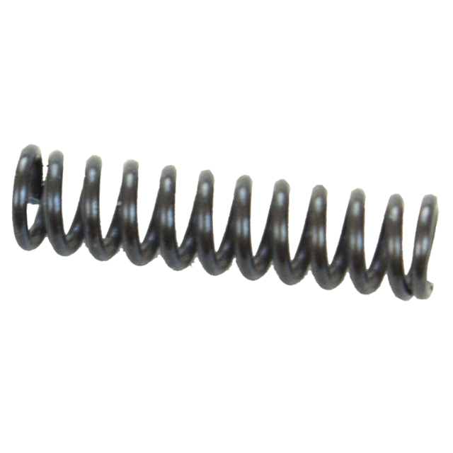 Close-up of a coiled TRIGGER BAR DISCONNECTOR SPRING P-10 with a shiny surface, viewed on a plain white background. The spring is tightly wound and slightly tilted.