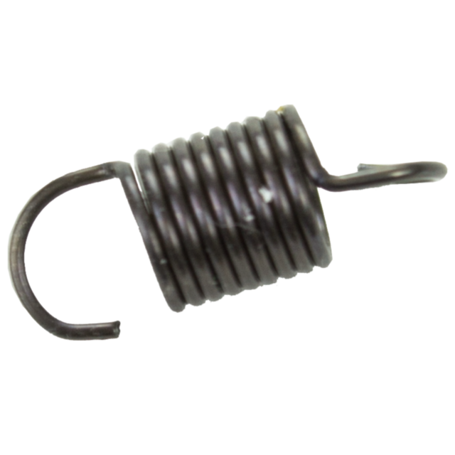 A close-up image of the TRIGGER BAR SPRING P-10, a coiled metal spring featuring hooks on both ends and used in various mechanical applications. It is tightly coiled with a dark finish to ensure durability and optimal performance.