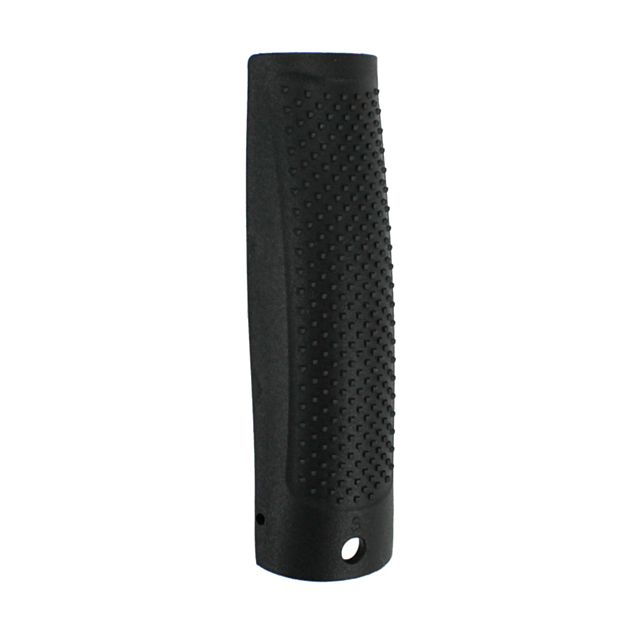 Introducing the BACKSTRAP P-10F SMALL: a black cylindrical handle grip with a textured surface and a small hole at one end. It boasts a dotted pattern for enhanced grip, designed to attach seamlessly to tools or devices. Specifically crafted to ensure sec