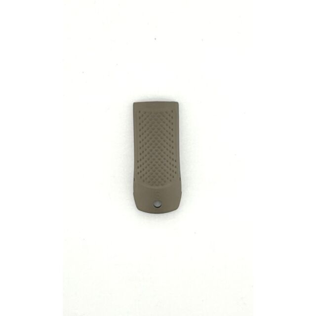 A CZ BACKSTRAP P-10 S FDE SMALL, beige and rectangular with a textured grip, features a single black button centrally located at the bottom, set against a plain white background.