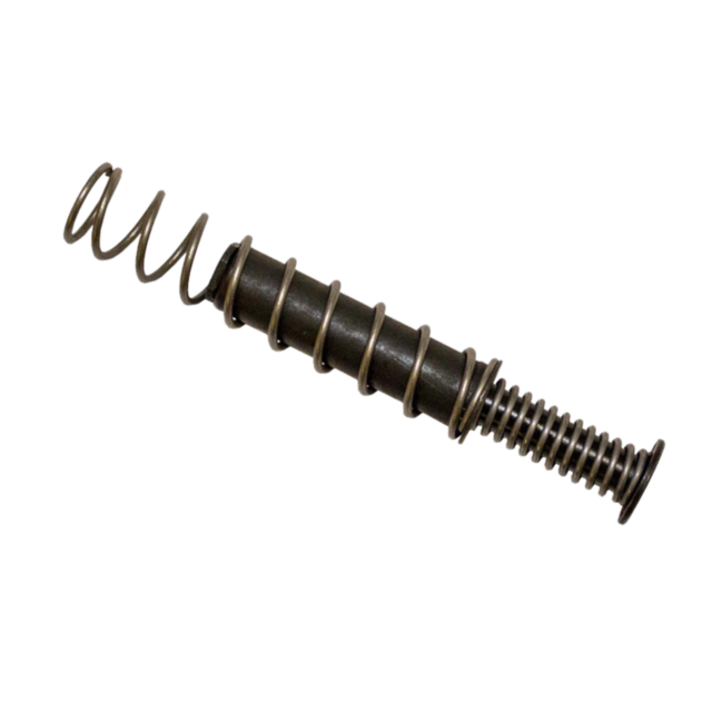 The RECOIL SPRING ASSEMBLY P-10 S is a coiled metal spring with multiple segments of varying thickness set against a pristine white background.