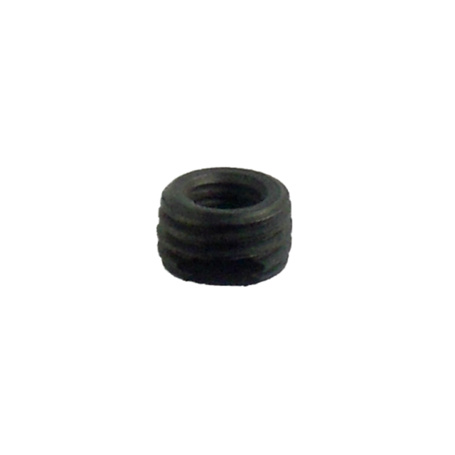 A GRIP SCREW BUSHING 40B/RAMI, small and cylindrical with a dark gray finish, stands upright against a plain background. The visible grooves on its outer surface suggest its purpose for reinforcing threaded holes.