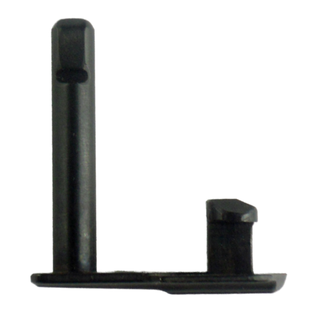 This SLIDE STOP RAMI B 9MM 40S&W is a black L-shaped bracket with vertical and horizontal arms. The vertical arm includes a rectangular hole near the top, while the horizontal arm has a small side protrusion, giving it a simple and functional design.