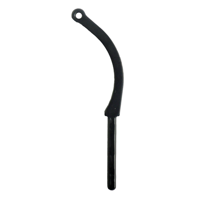 Introducing the MAIN SPRING STRUT RAMI, a black, curved metal tool featuring a small circular hole at one end for optimal main spring adjustments, complemented by a straight handle on the opposite end.