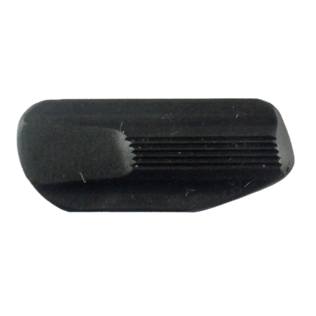 Close-up of a SAFETY LEFT RAMI ALLOY black, ribbed plastic knob or slider with an angled edge, designed for safety and precision, isolated on a white background.