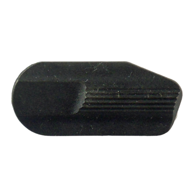 Close-up view of the SAFETY RIGHT RAMI POLY, a keycap in black with a textured surface, featuring a slanted edge and grooved lines that highlight its durable poly construction against a plain background.