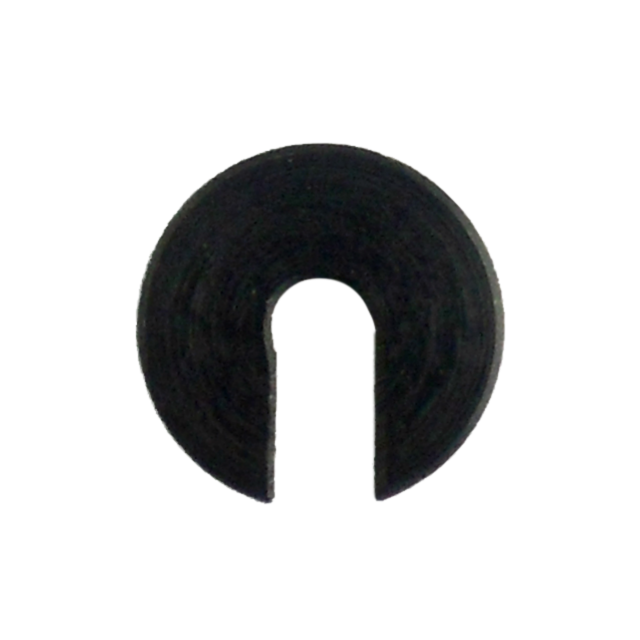 A dark, circular metal object with a wide, open slot on one side, similar to a horseshoe. Its textured surface suggests it is the GUIDE ROD LOCK WASHER RAMI. The white and untextured background highlights its industrial design.
