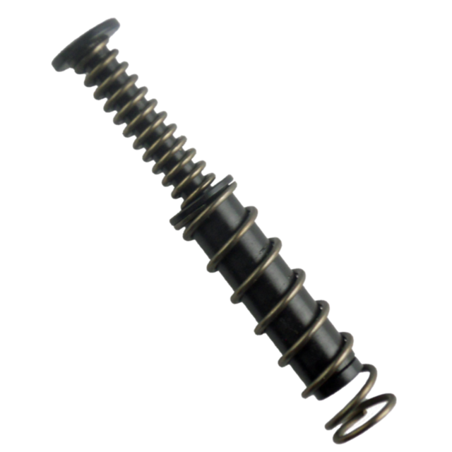 The RAMI RECOIL ASSEMBLY 9MM features a metal coil spring encircling a black cylindrical rod, creating an appearance similar to a precise recoil assembly. The components are positioned vertically, with the rod protruding from both ends of the spring again