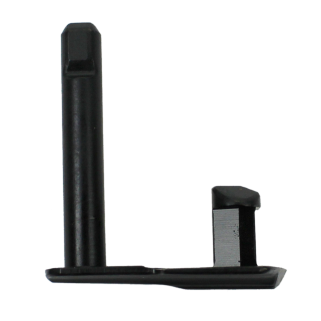 Close-up of the SLIDE STOP RAMI BD 9MM 40S&W, a black L-shaped metal bracket with one side featuring a raised vertical piece. The design is simple and industrial, boasting a smooth finish.