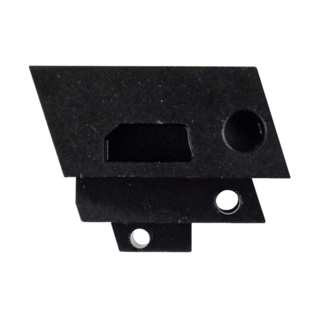 A FRONT INSERT P-07/P-09 bracket, made of black metal with a rectangular shape, is positioned against a white background. It includes various geometric cutouts and holes, featuring one larger rectangular cutout along with two circular holes.
