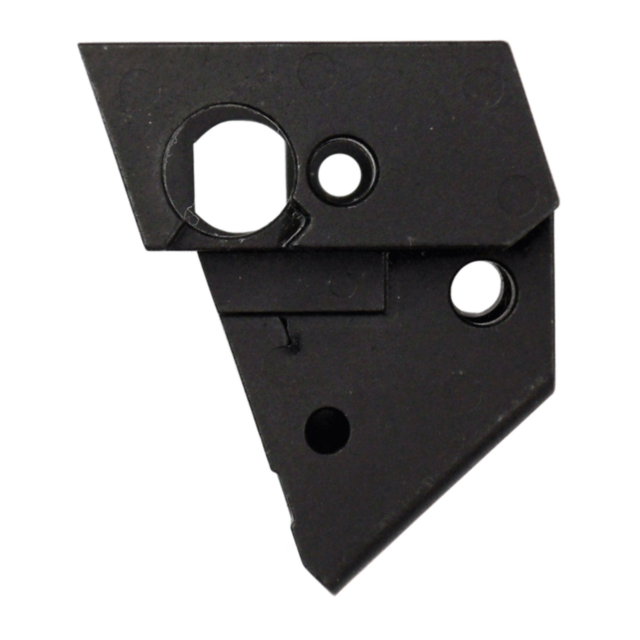 A black angular metal bracket featuring multiple circular cutouts and a geometric shape, resembling an irregular polygon, designed as the INSERT REAR P-07/P-09 on a transparent background.