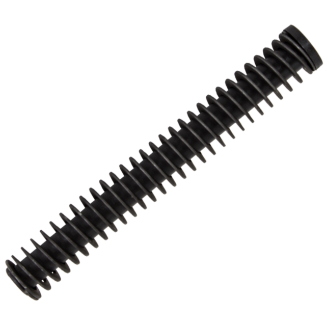 A black, cylindrical RECOIL SPRING SET P-07 9MM CAPTURED is isolated on a white background. The spring features evenly spaced coils and is positioned diagonally from the top left to the bottom right of the image, showcasing precision design.