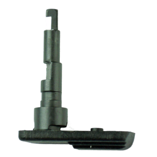 Close-up of a black, angular mechanical tool labeled SAFETY LEFT P-07/P-09, featuring a flat base and a multi-tiered vertical rod, set against a white background.