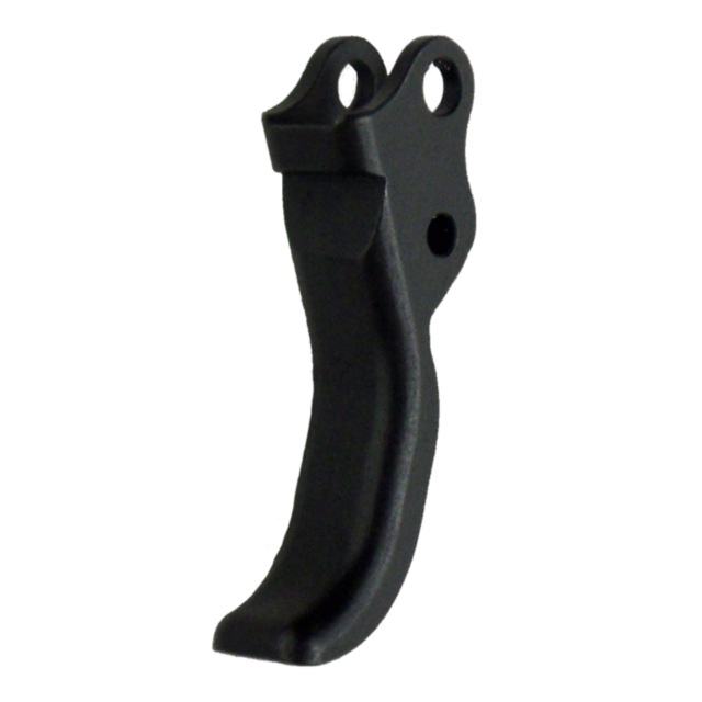 The TRIGGER P-07/P-09, a black metal trigger with a curved design, features two holes at the top for easy attachment. Its smooth and slightly reflective surface provides an elegant contrast against a plain white background.