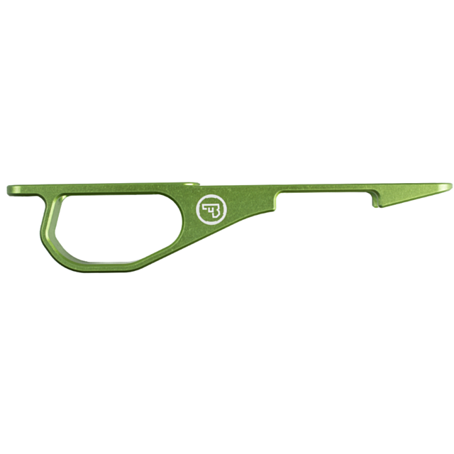 A keychain tool from the CZ 455 Trigger Guard Set in green, constructed from metal and designed with a finger loop, bottle opener, and hook. It prominently displays a logo featuring the letters "UB" within a circle and includes an integrated trigger guard