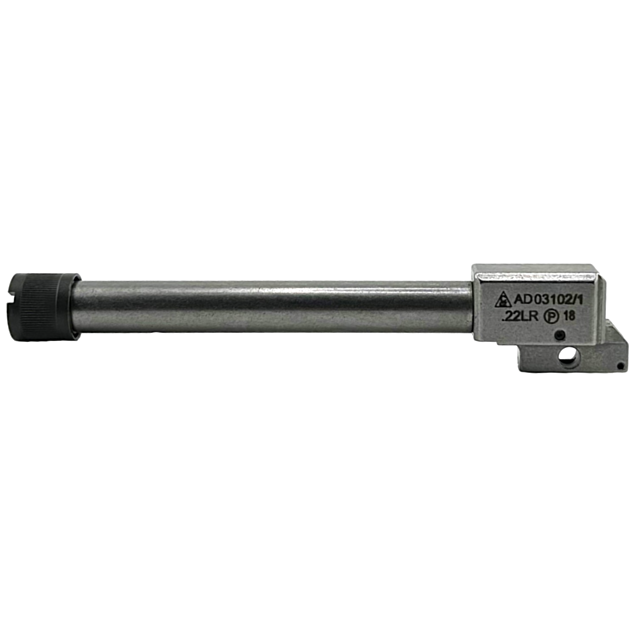 A metallic cylindrical component with a ribbed black knob at one end and engraved markings, such as "22LR" and a triangle with an exclamation mark, appears to be the Threaded Barrel Shadow 2 Kadet 22LR.