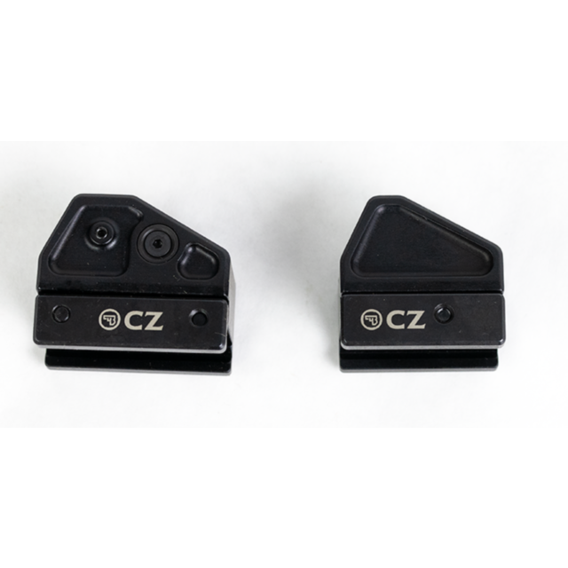 Two black CZ sight sets for the Scorpion EVO 3+ are showcased on a white background. The left sight set, designed to accommodate a red dot mount, reveals its precise attachment points. Both sets prominently feature the CZ logo, indicating their seamless i