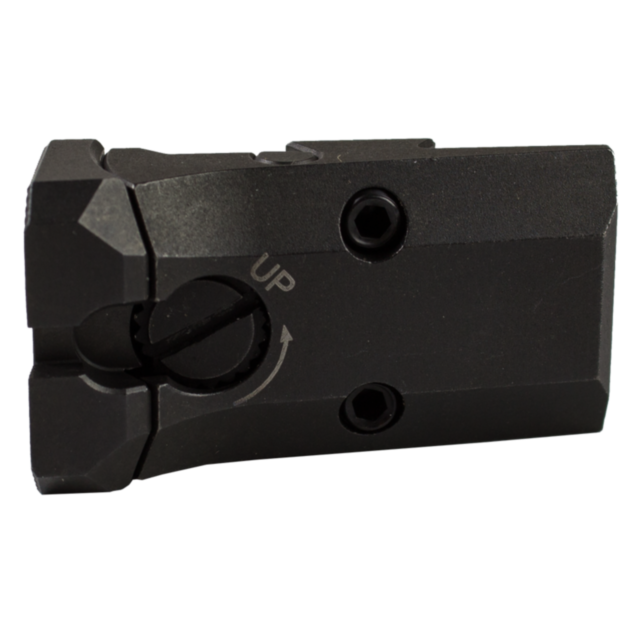 Close-up of a black metal component from the ADJUSTABLE REAR SIGHT TS ORANGE, showcasing an adjustable rear sight with two hex screws. The engraved "UP" and arrow indicate direction, and its textured, angular design enhances precision and functionality.